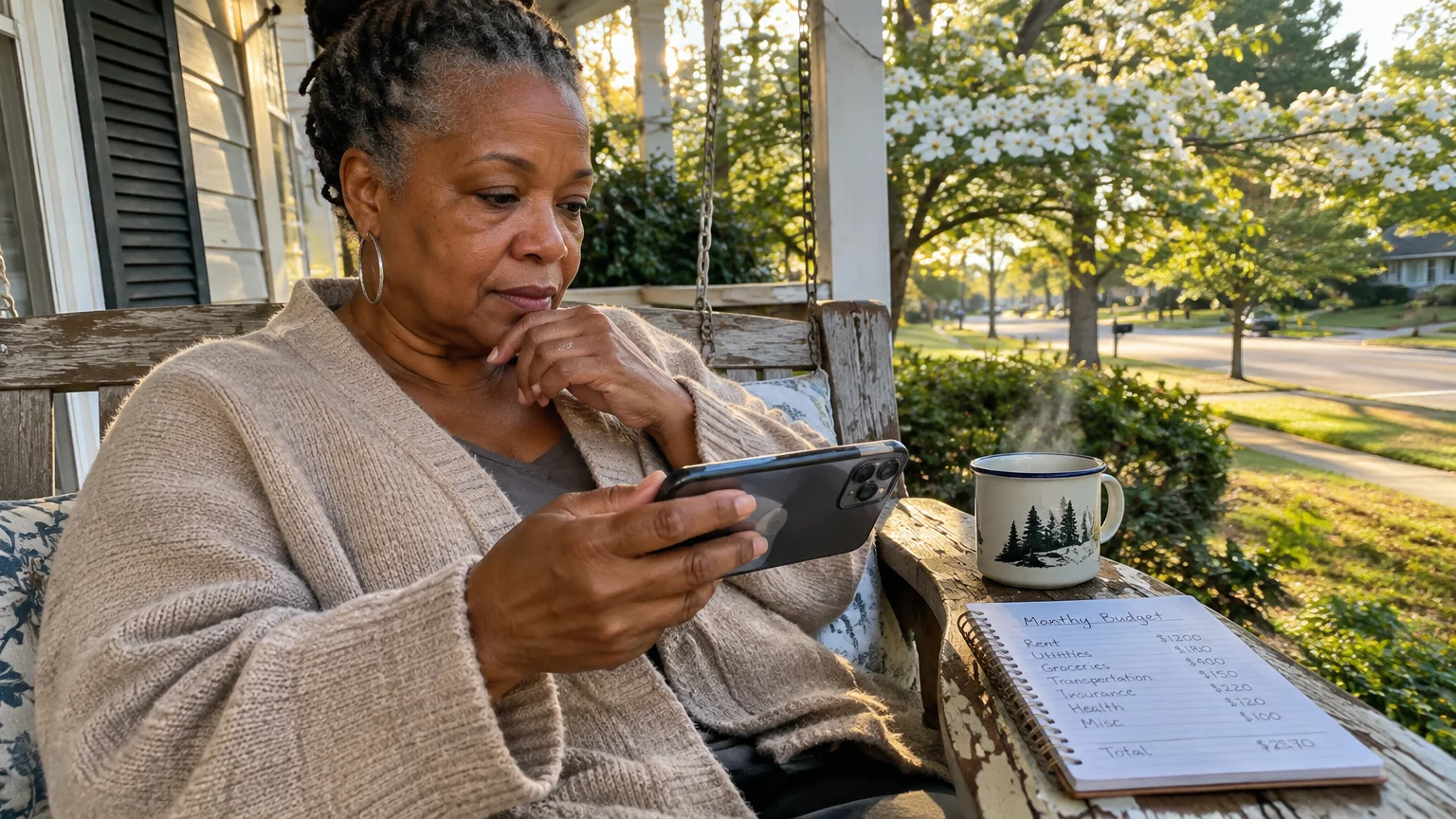 A woman on a porch swing looks at a smartphone beside a handwritten monthly budget notepad and steaming mug.