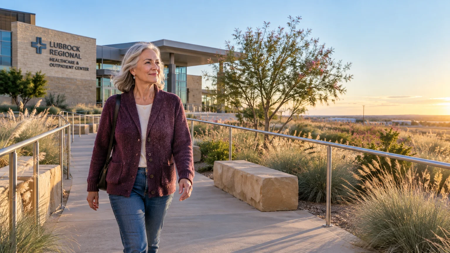 A senior woman walks along a paved pathway outside a modern Lubbock healthcare facility at sunset.