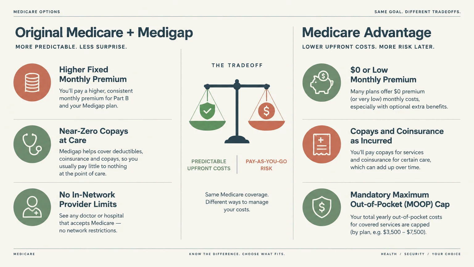Diagram comparing Original Medicare plus Medigap with Medicare Advantage, centered around a balance scale showing tradeoffs.