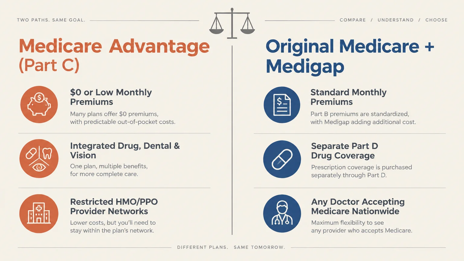Comparison graphic between Medicare Advantage and Original Medicare with Medigap, featuring icons and coverage features.