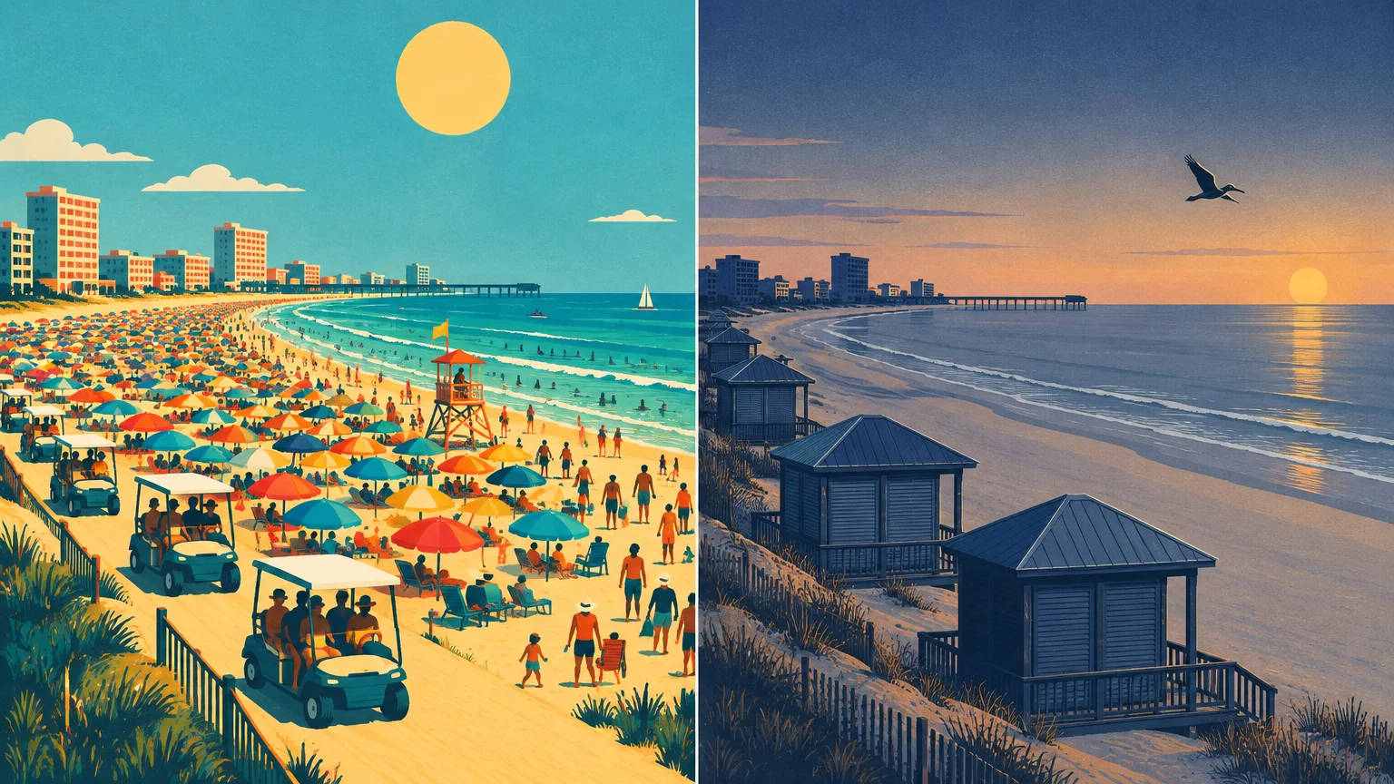 Split illustration of a crowded, sunlit beach with golf carts beside an empty, quiet coast at dusk.