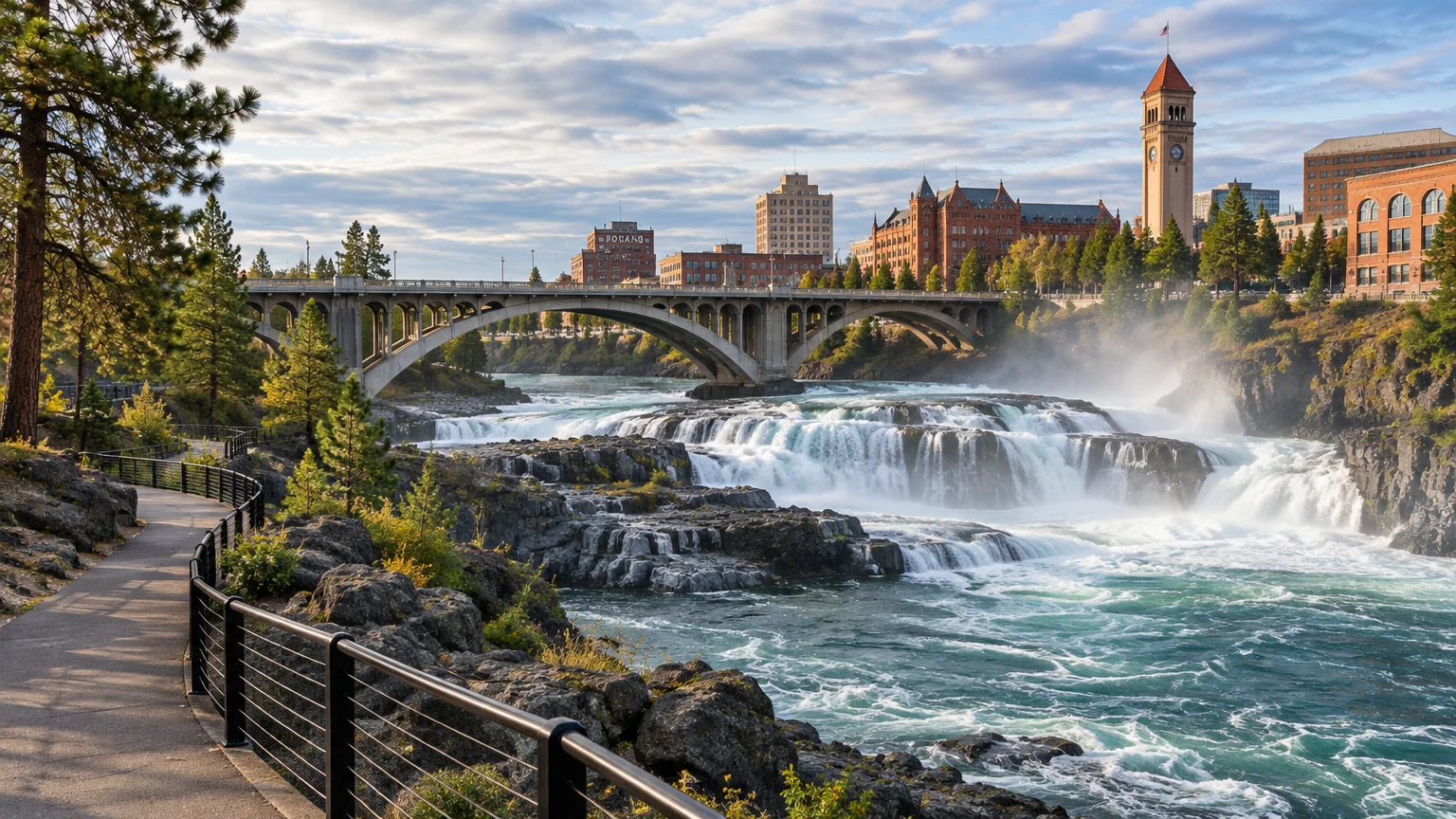 Waterfall cascading over rocky tiers below an arched bridge with a city skyline and clock tower in the background.