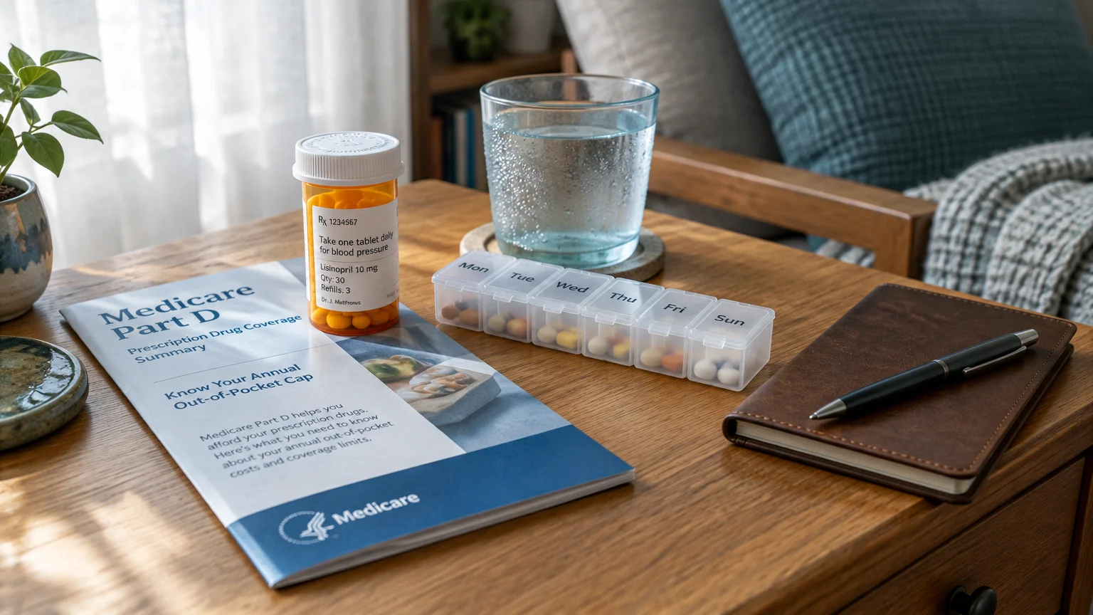 A Medicare Part D booklet, pill bottle, weekly organizer, glass of water, and notebook on a wooden table.