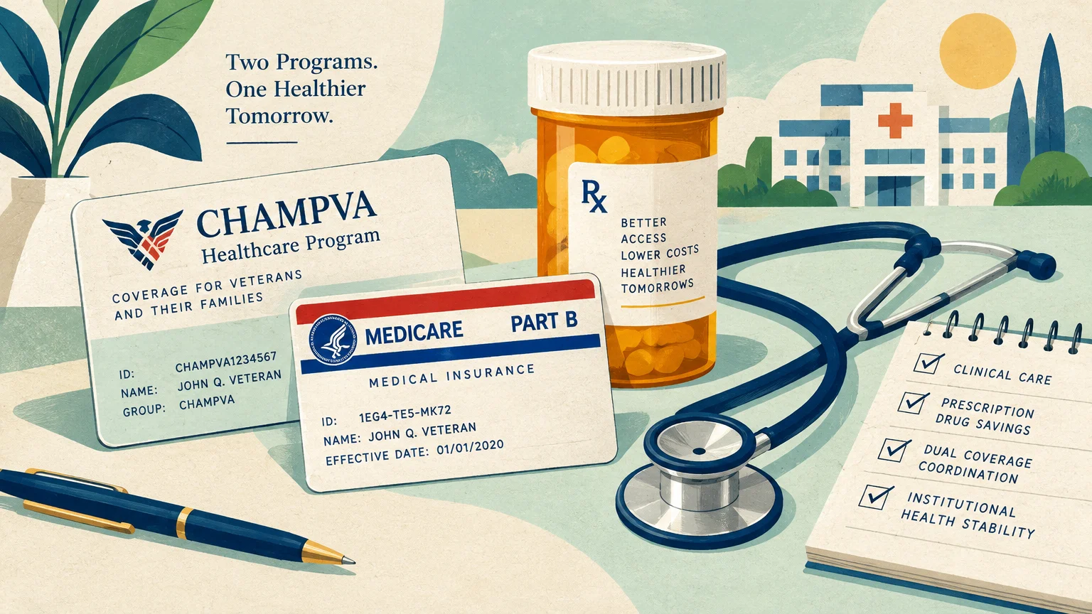 CHAMPVA and Medicare Part B cards beside a pill bottle, stethoscope, checklist notepad, pen, and hospital illustration.