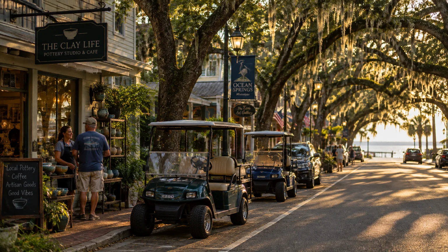Golf carts parked outside a pottery shop along a tree-lined street leading toward the water in Ocean Springs, Mississippi.