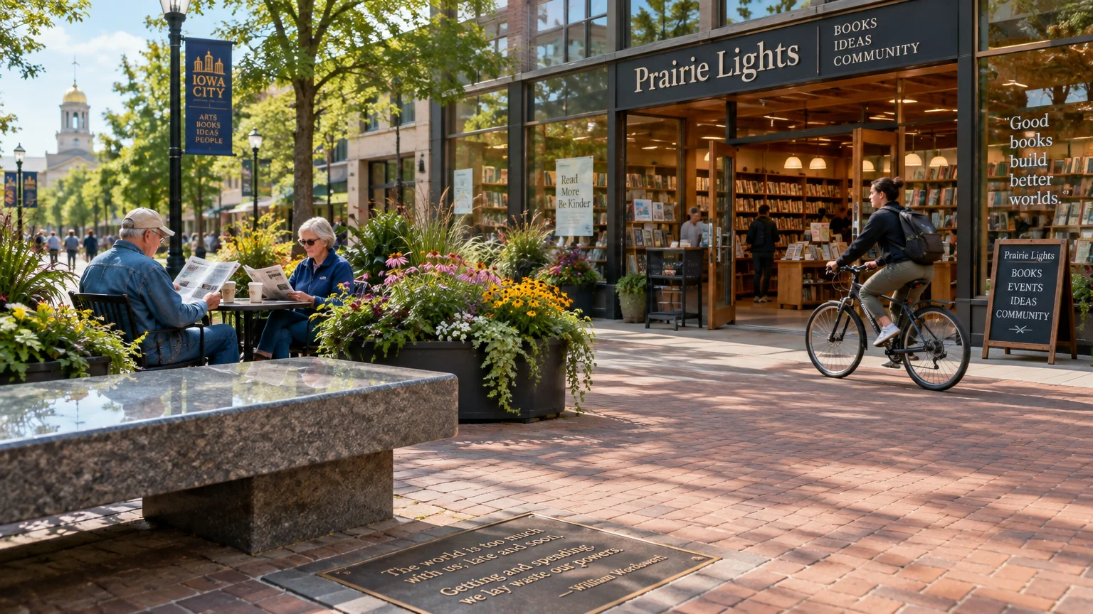 People read at an outdoor cafe table and a cyclist rides past Prairie Lights bookstore on a brick pedestrian street.