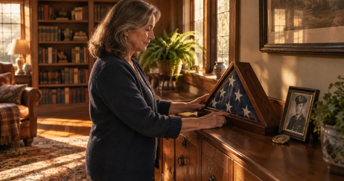 Older woman resting her hands on a folded burial flag in a wooden case next to a framed portrait of a soldier.