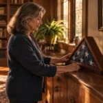 Older woman resting her hands on a folded burial flag in a wooden case next to a framed portrait of a soldier.