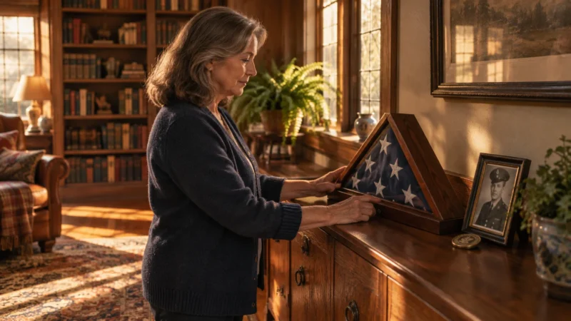 Older woman resting her hands on a folded burial flag in a wooden case next to a framed portrait of a soldier.