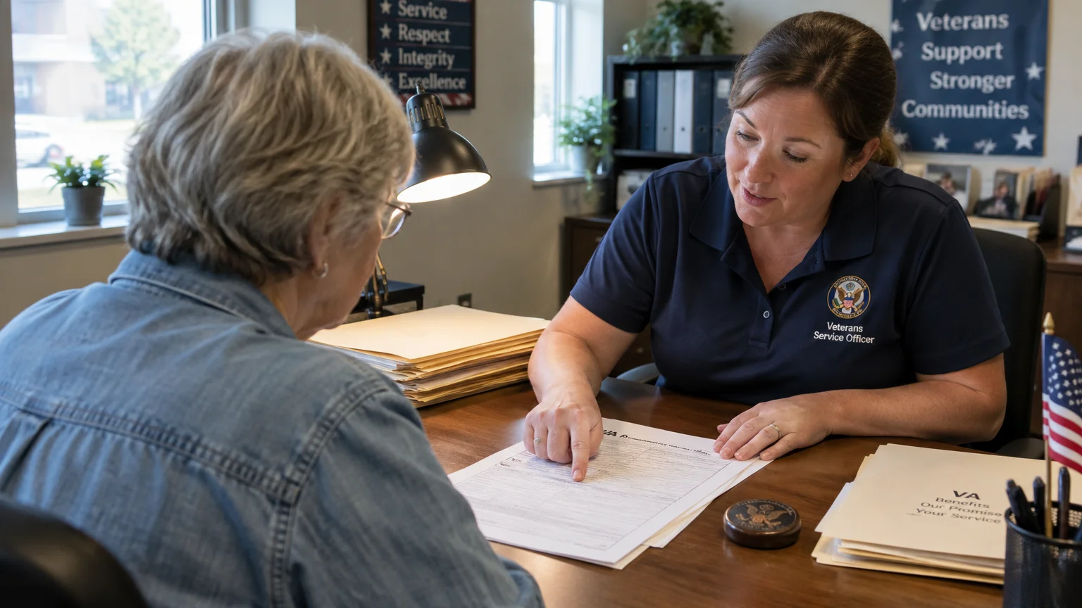 A Veterans Service Officer reviews paperwork at a desk with an older woman in an office.