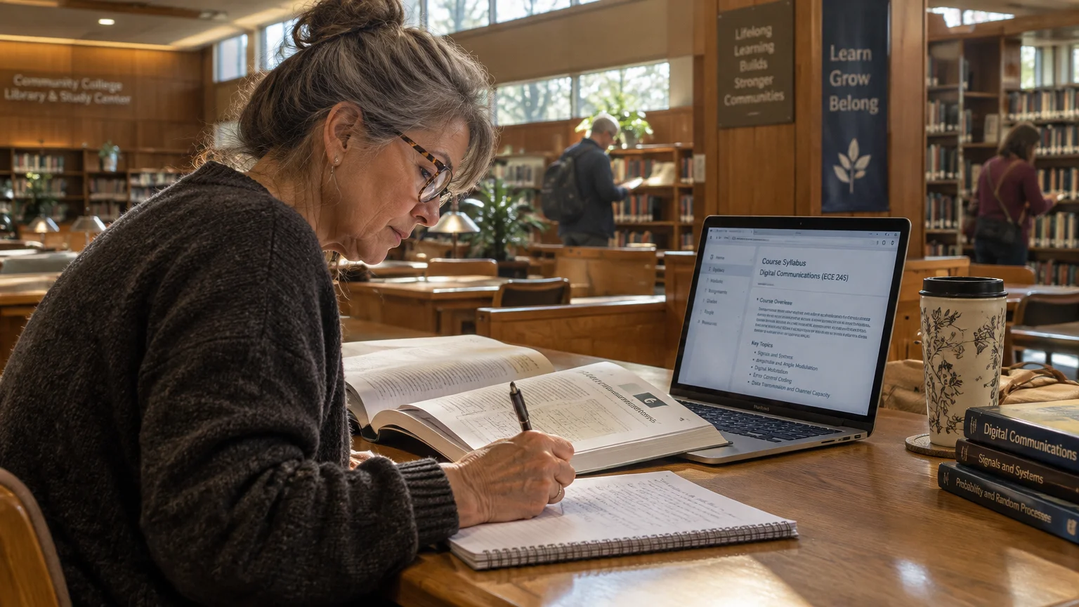 A mature woman in glasses writes in a notebook beside an open laptop and textbook in a library study hall.