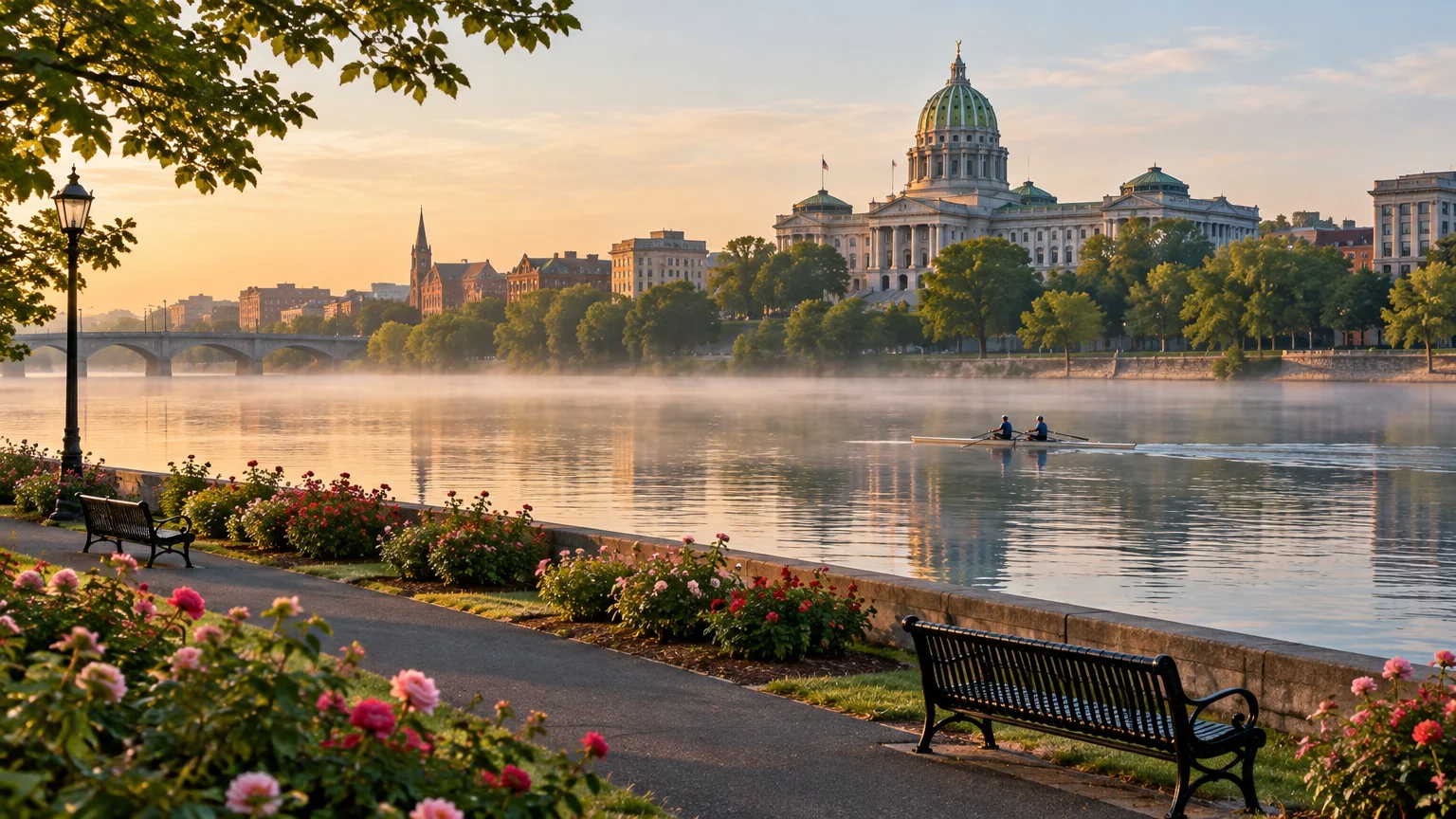 A misty riverfront promenade with flowers and benches overlooking the Pennsylvania State Capitol building and rowers on the water.