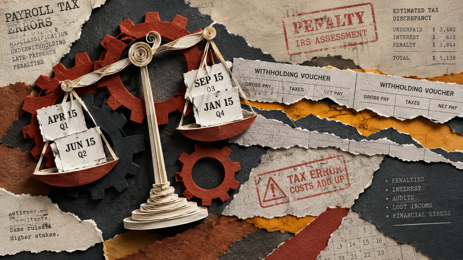 Paper craft collage featuring a balance scale holding quarterly tax dates, gears, and torn tax penalty forms.