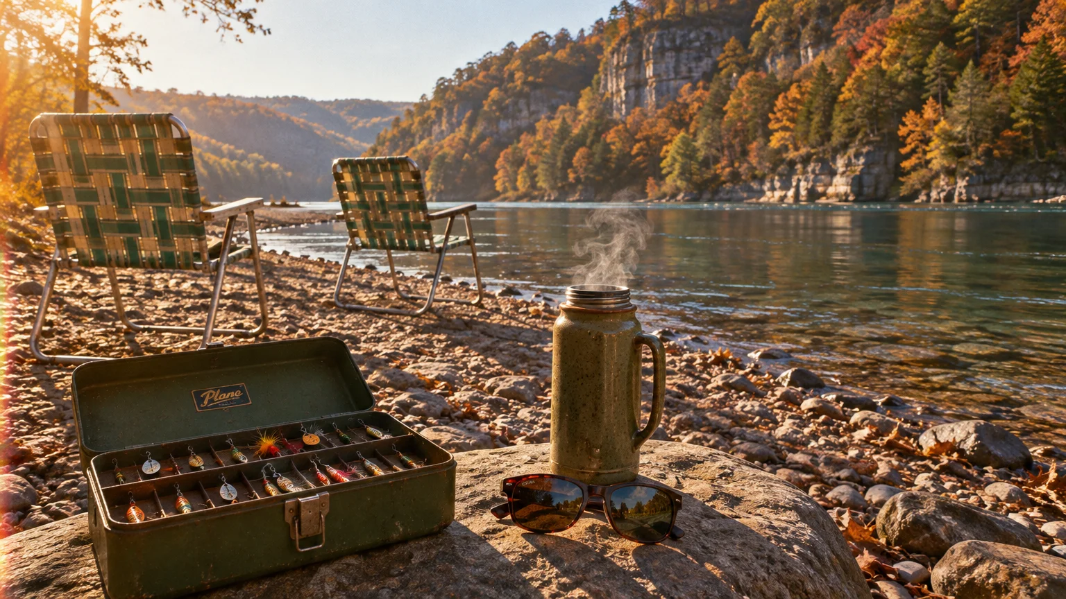 Tackle box, steaming thermos, and sunglasses on a boulder beside a river lined with lawn chairs and autumn cliffs.