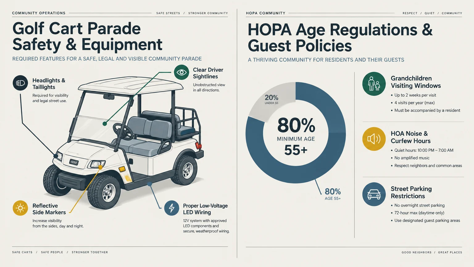 Diagram outlining golf cart parade safety equipment alongside HOPA age rules and guest policies with an 80 percent pie chart.