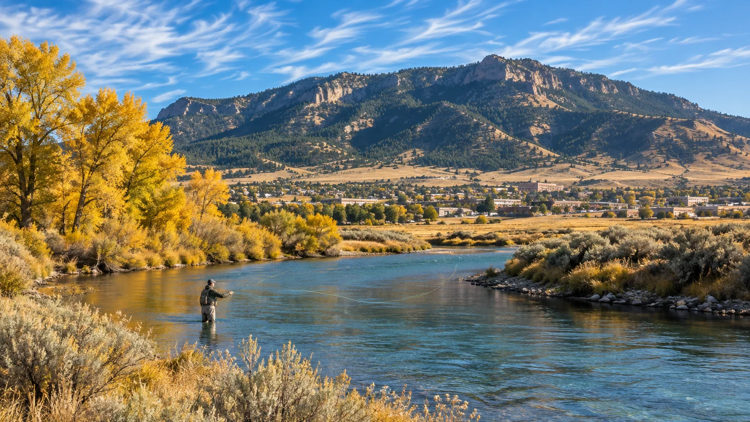 A fly fisherman wading in a blue river lined with autumn trees beneath a sprawling mountain landscape.