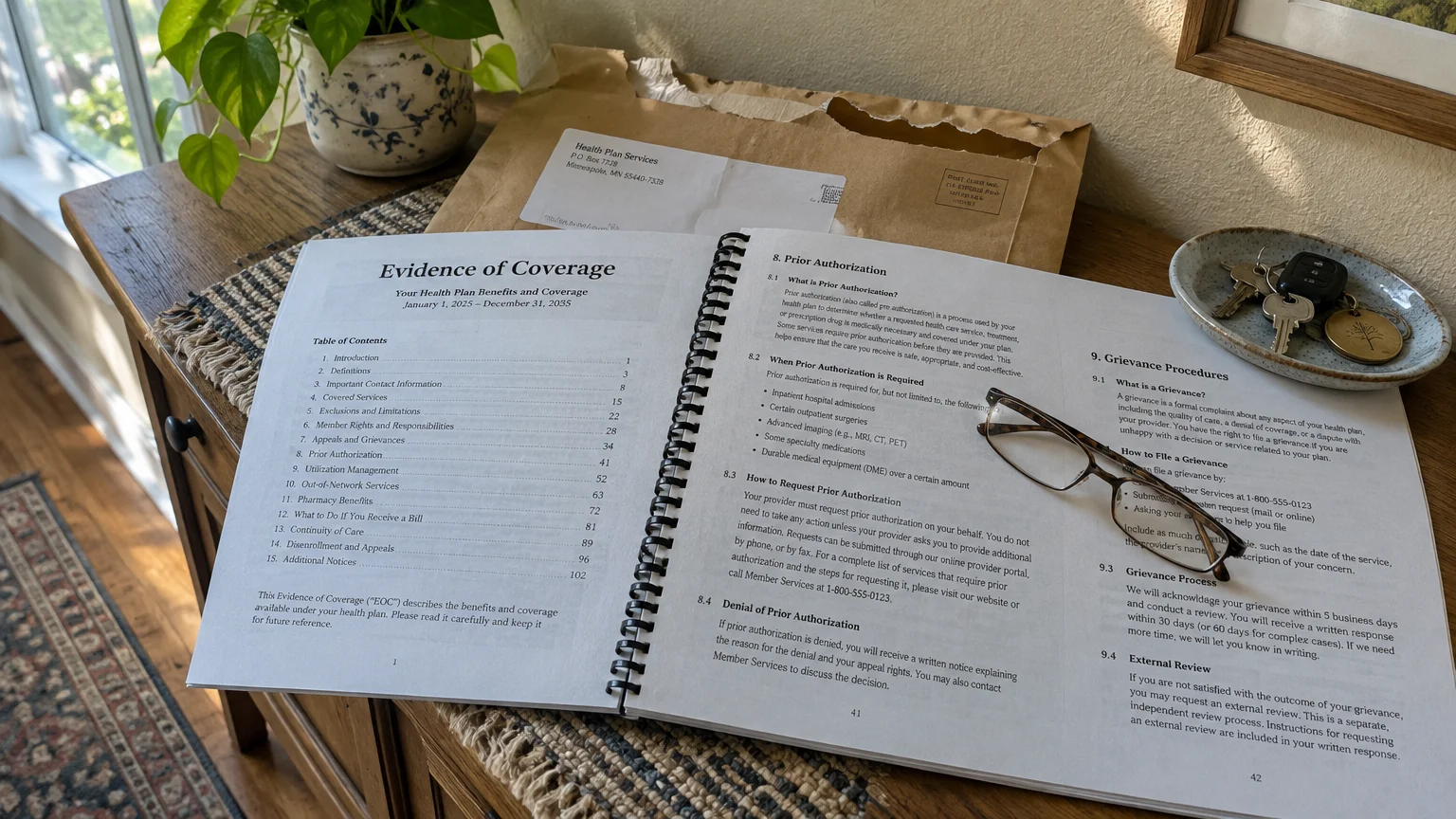 Spiral-bound Evidence of Coverage document open on a wooden table beside eyeglasses, keys, and a brown mailing envelope.
