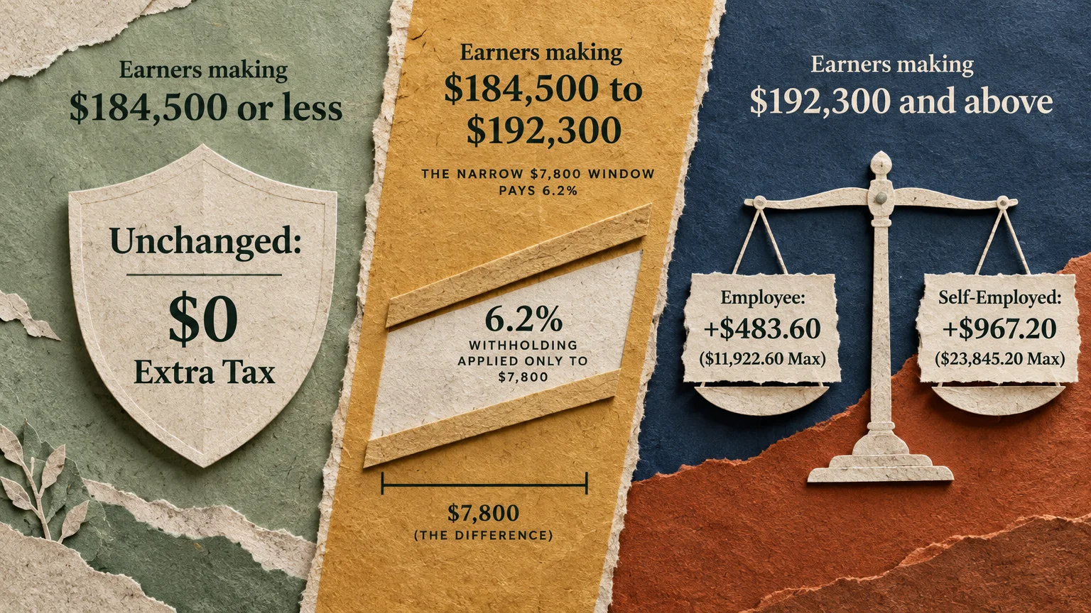 Paper collage infographic showing tax tiers with a shield, a measurement bracket, and a balance scale weighing tax amounts.