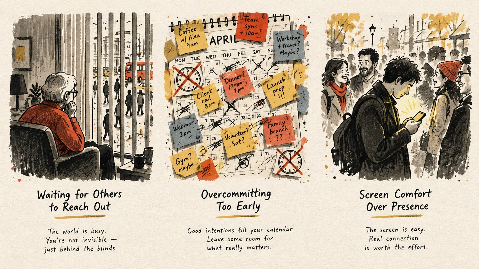 Three-panel illustration showing common social mistakes: isolation behind blinds, an overbooked calendar, and staring at a phone.