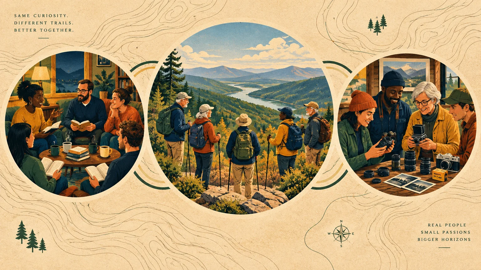 Three circular illustrations depict a book club gathering, hikers viewing a mountain river, and a photography group.