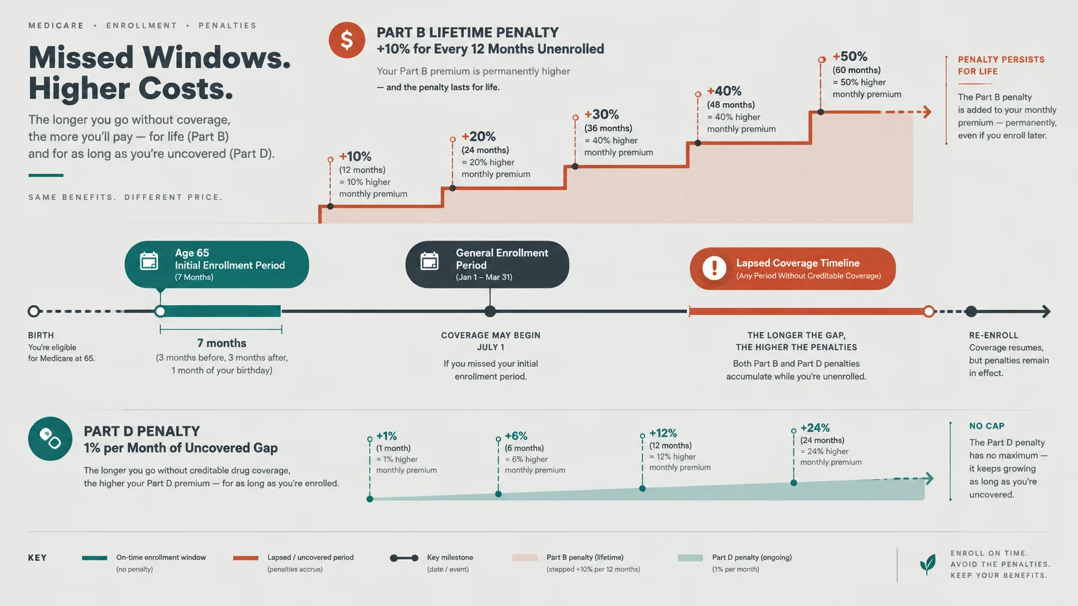 Diagram showing Medicare late-enrollment penalty timelines and increasing fee tiers for Part B and Part D.
