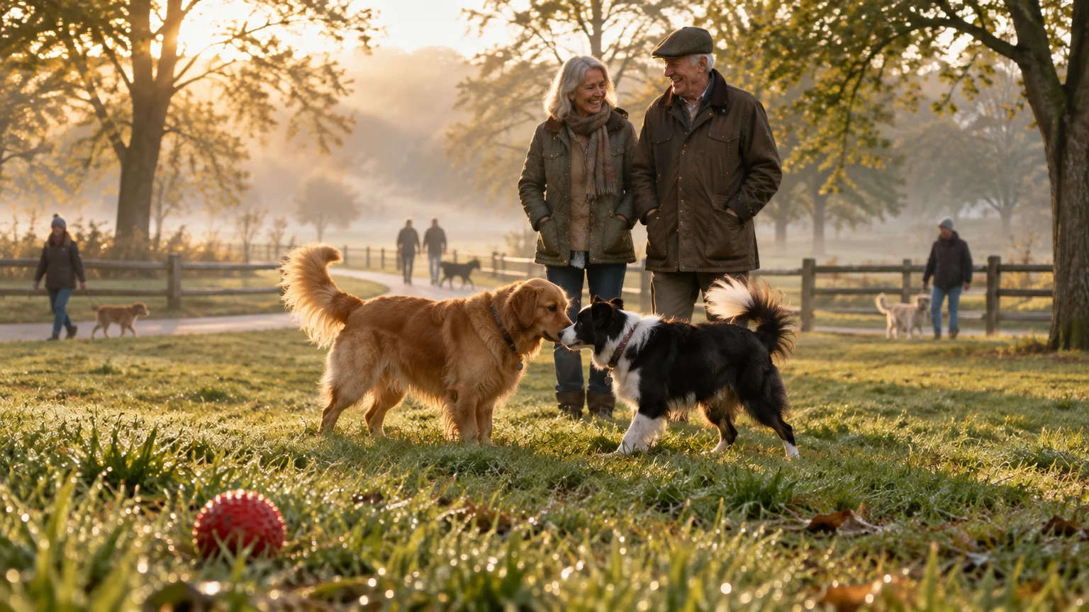 An older couple smiles as two dogs greet each other on a grassy field in a misty, sunlit park.