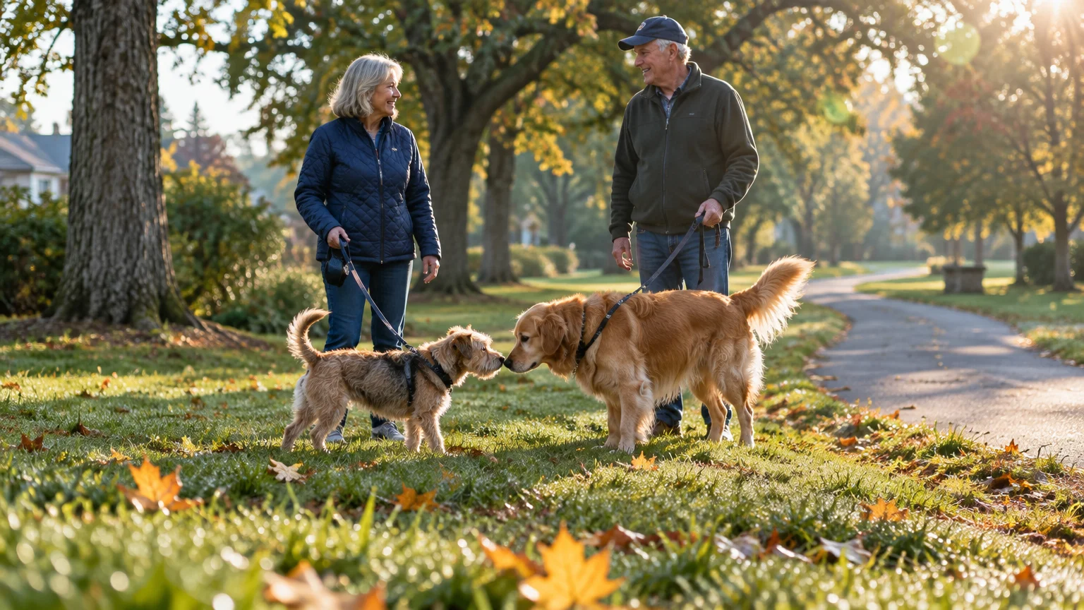 A man and woman hold leashes on a grassy park path as their two dogs sniff each other nose to nose.