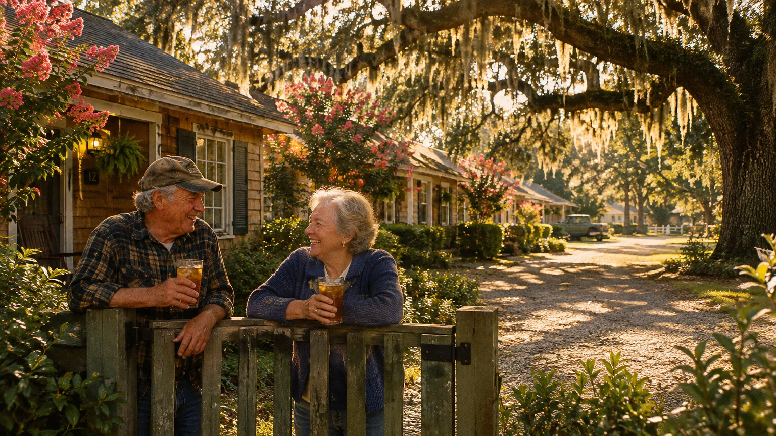 Older man and woman smiling and holding drinks by a wooden fence outside cozy cottages under moss-draped live oak trees.