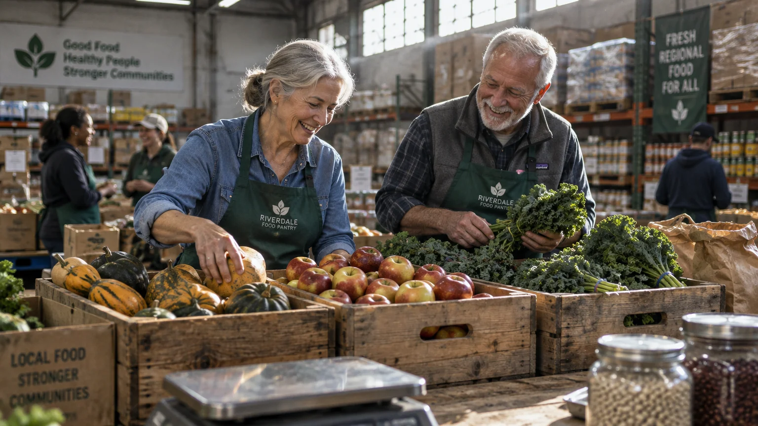 Two smiling senior volunteers in green aprons pack crates of fresh produce at a community food pantry warehouse.
