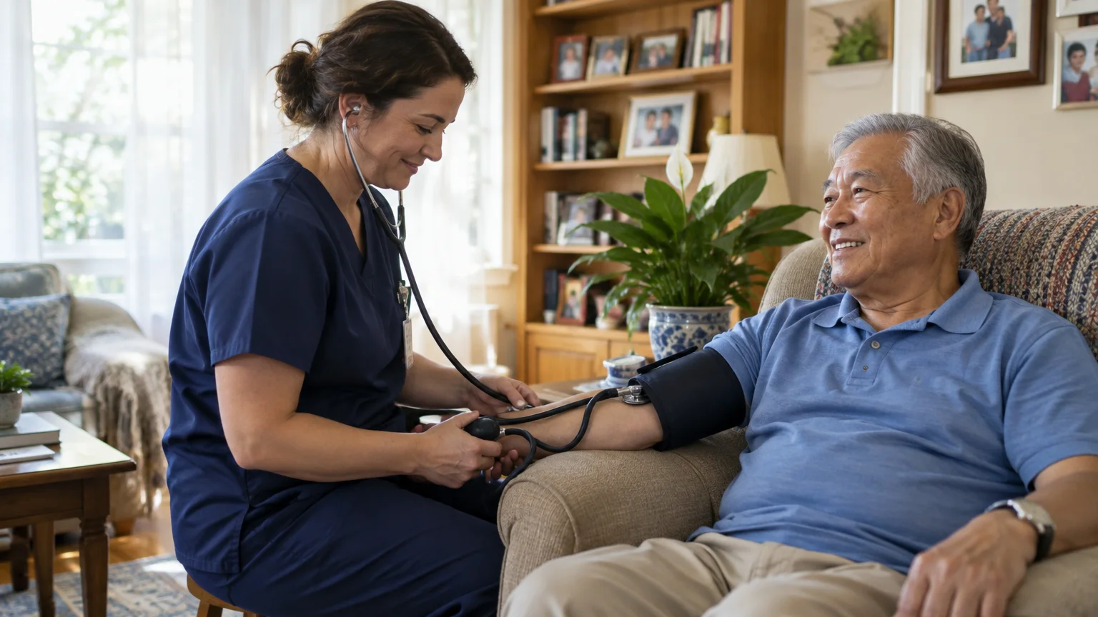 A female healthcare worker checks an older man's blood pressure with a cuff and stethoscope in a living room.