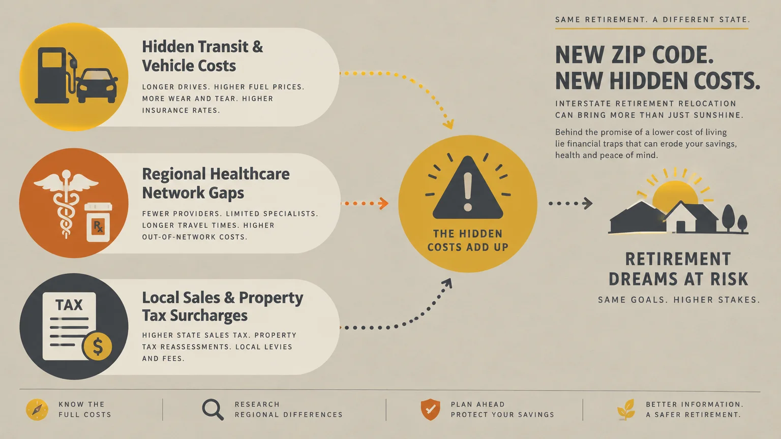 Infographic showing how transit costs, healthcare gaps, and tax surcharges lead to hidden costs that put retirement at risk.