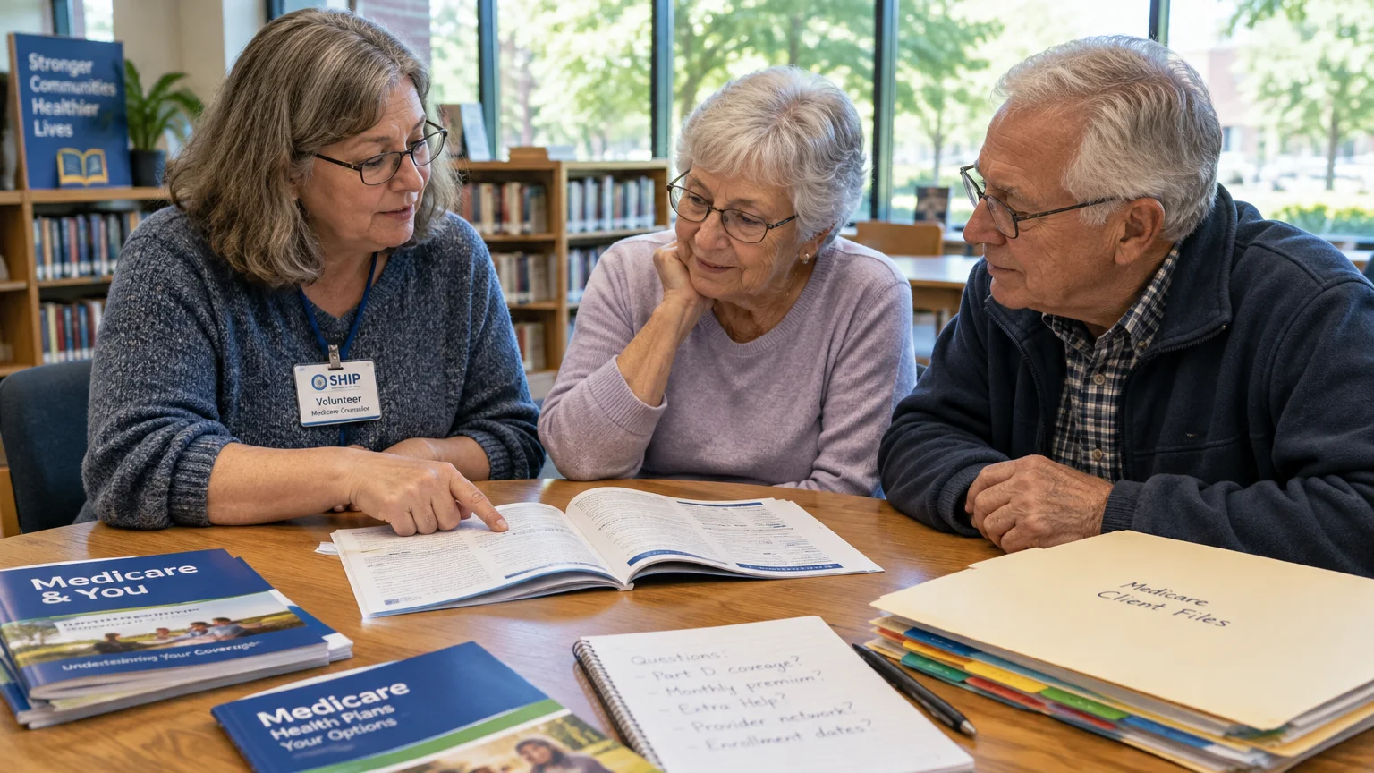 A SHIP counselor reviews Medicare booklets with an older couple seated at a wooden table in a library.