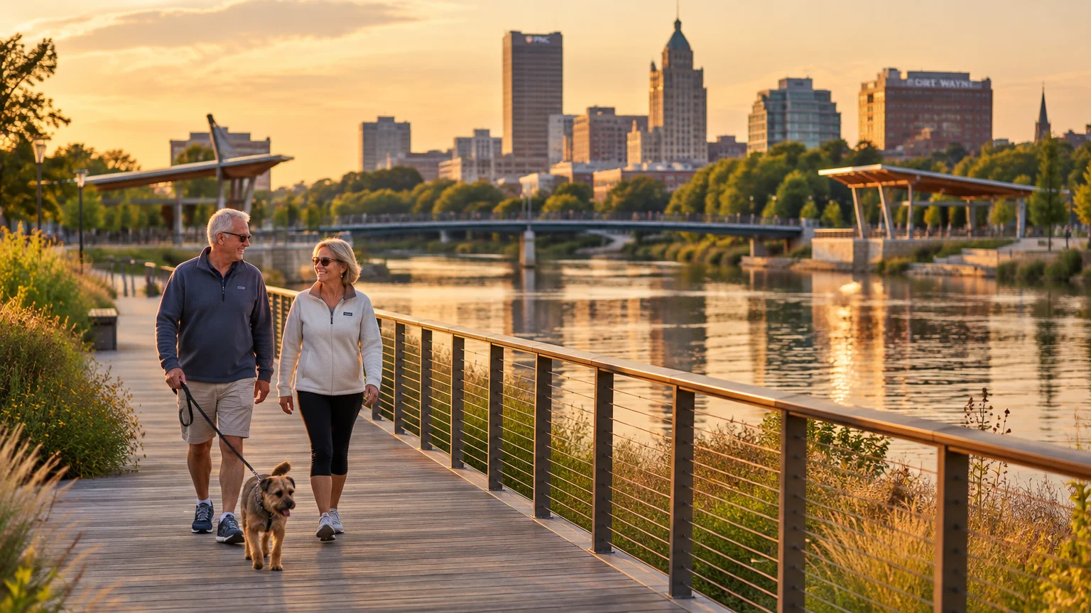 Senior couple walking a dog along a riverside boardwalk with the Fort Wayne city skyline at sunset.