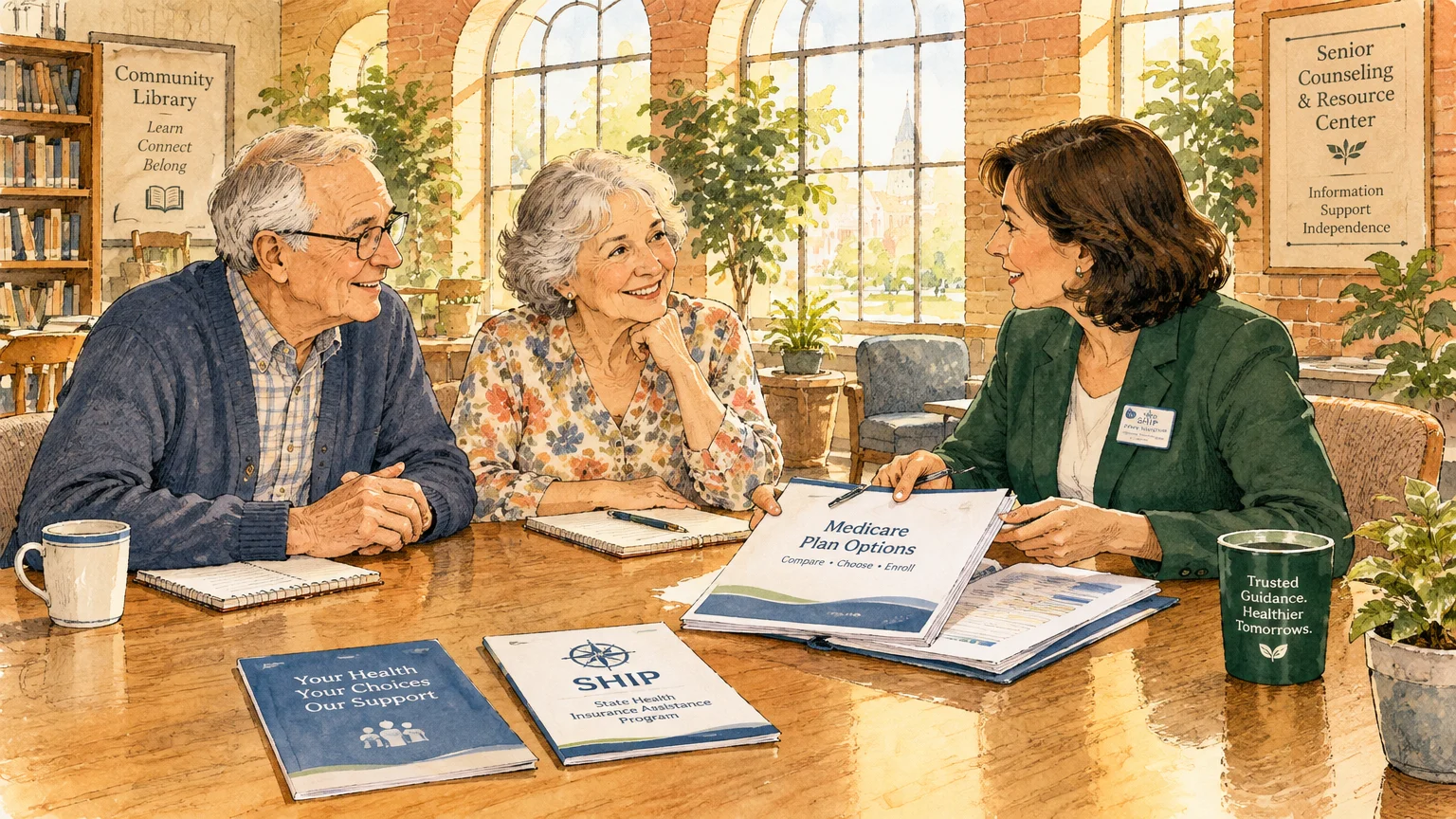Illustration of an older couple seated at a table consulting with a female counselor reviewing Medicare plan documents.