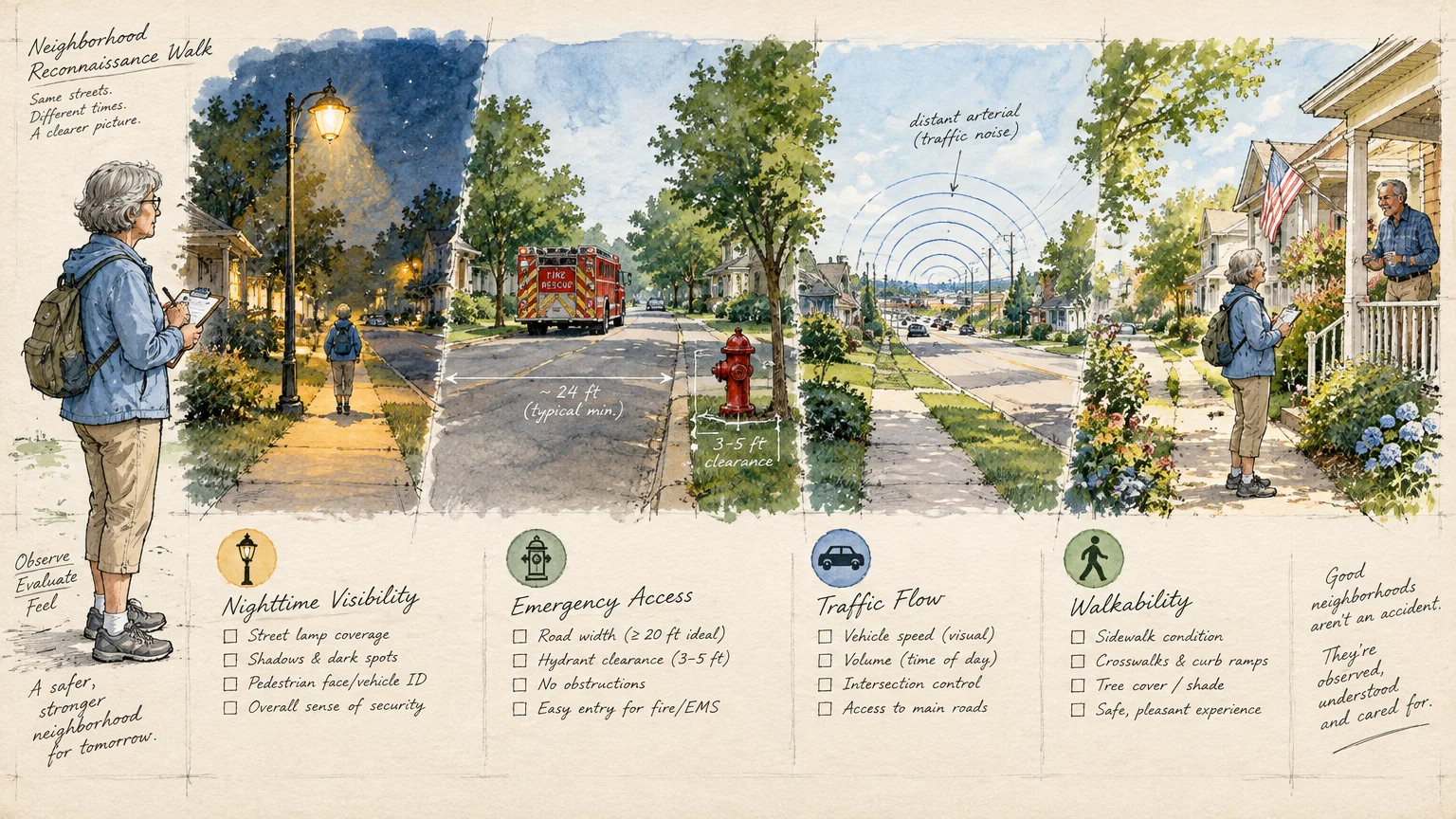 Watercolor panels showing a woman evaluating neighborhood lighting, emergency access, traffic flow, and walkability.
