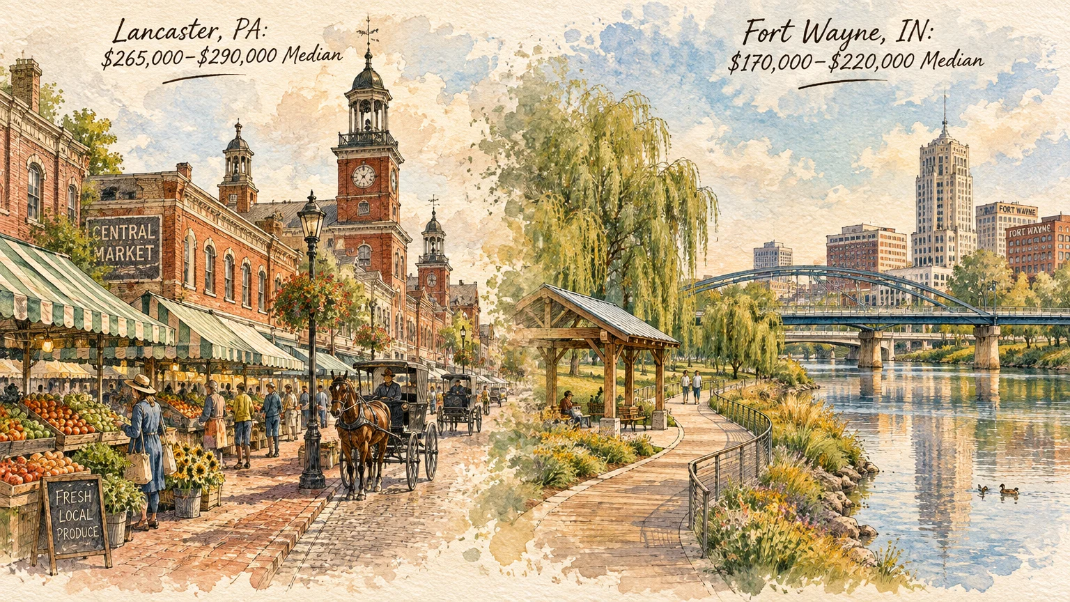 Split watercolor illustration of Lancaster's market street and Fort Wayne's riverfront with median price ranges.