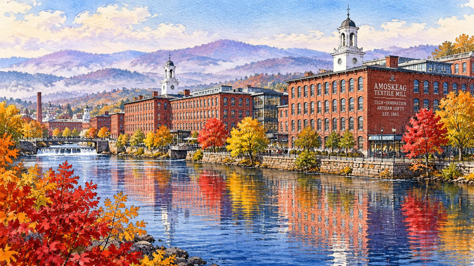 Watercolor illustration of red brick mill buildings along a river in autumn, with mountains in the background.