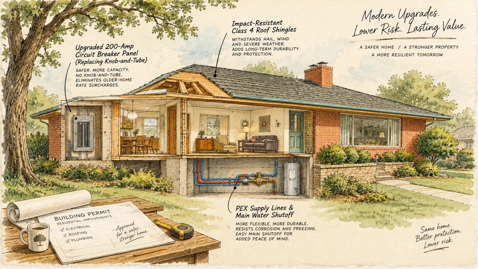 Cutaway illustration of a brick house showing upgraded electrical wiring, durable roof shingles, and basement plumbing.