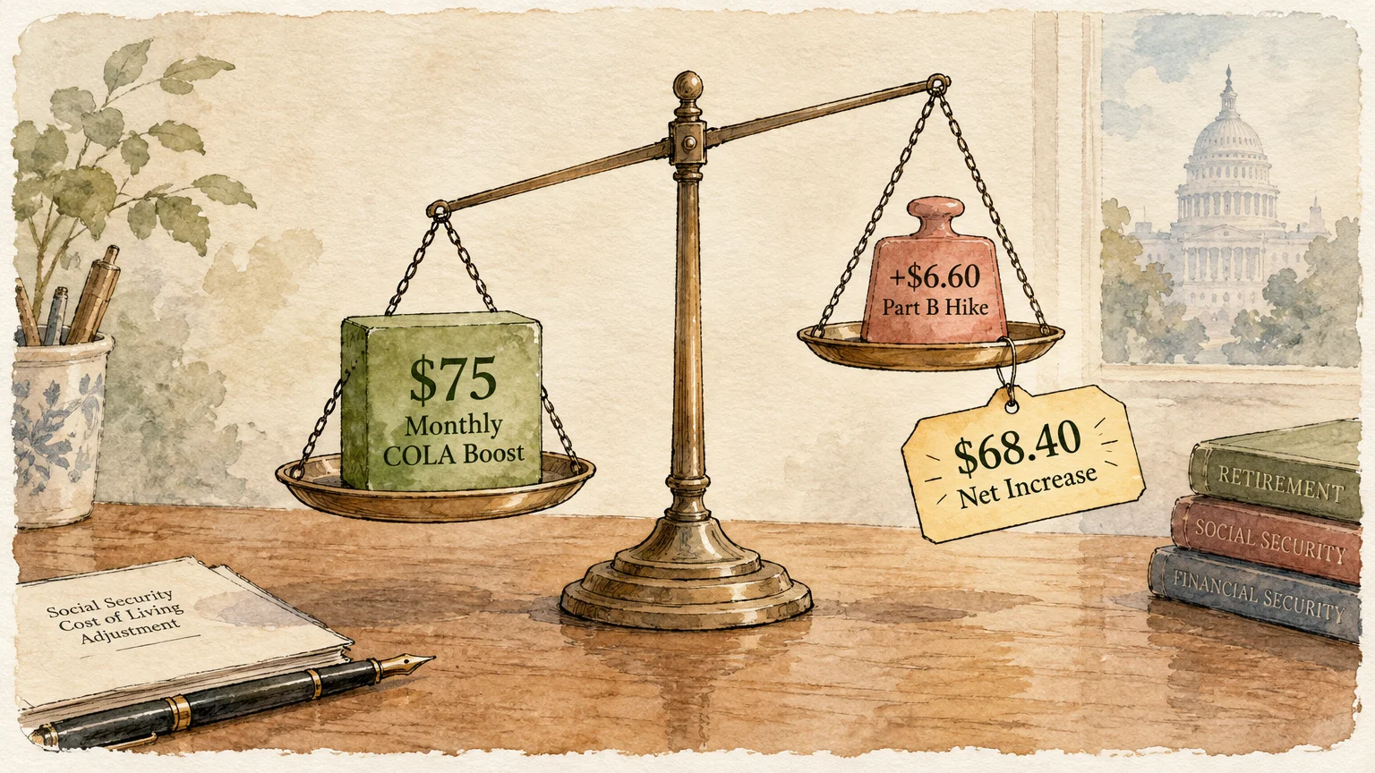Brass balance scale weighing a $75 monthly COLA boost against a $6.60 Part B hike weight with a $68.40 net increase tag.
