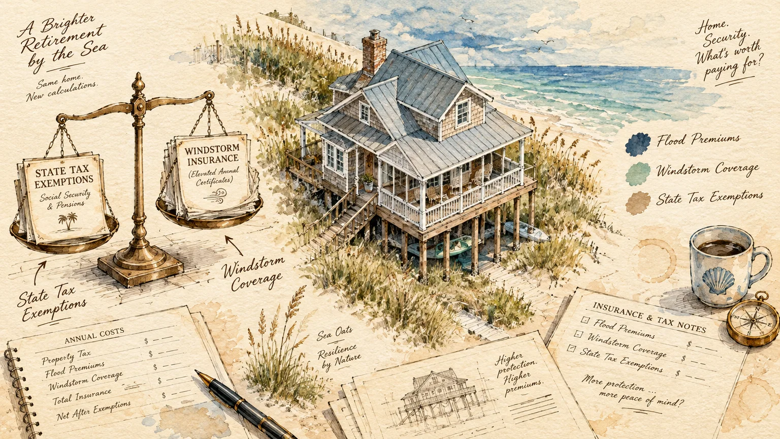 Watercolor illustration of a stilted beach house beside a scale weighing tax exemptions against windstorm insurance.