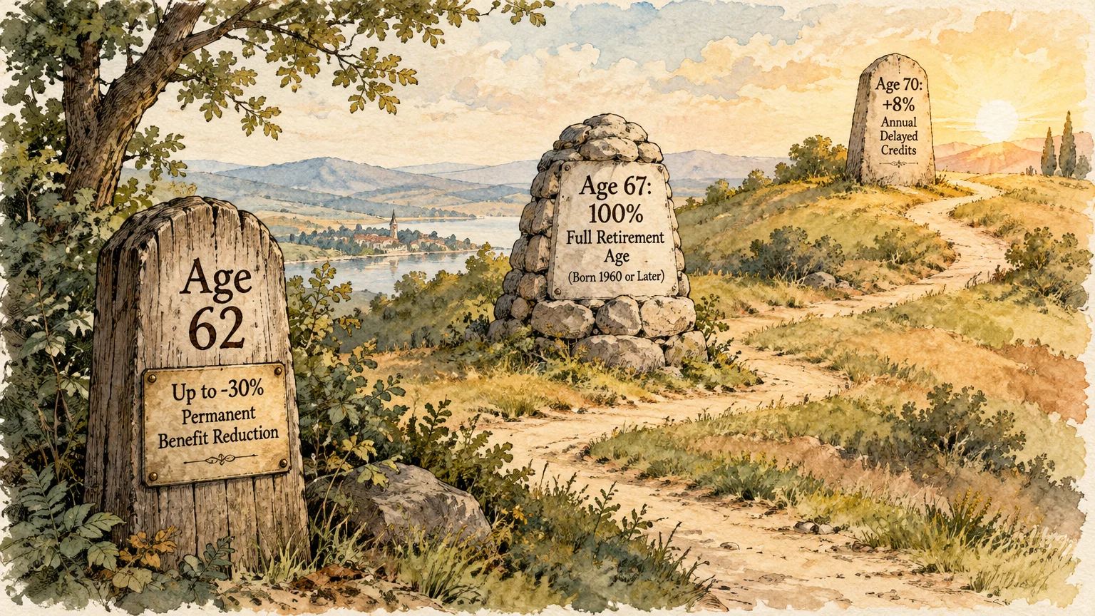 Watercolor illustration of a winding trail marked with milestone stones for retirement ages 62, 67, and 70.