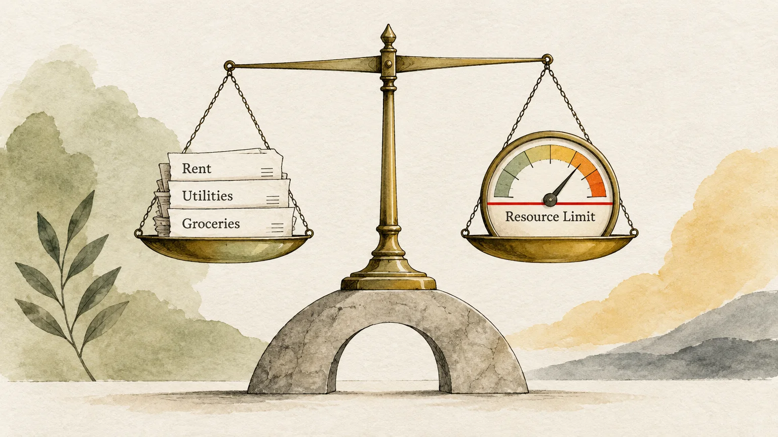Brass balance scale holding bills for rent, utilities, and groceries on one side and a resource limit gauge on the other.