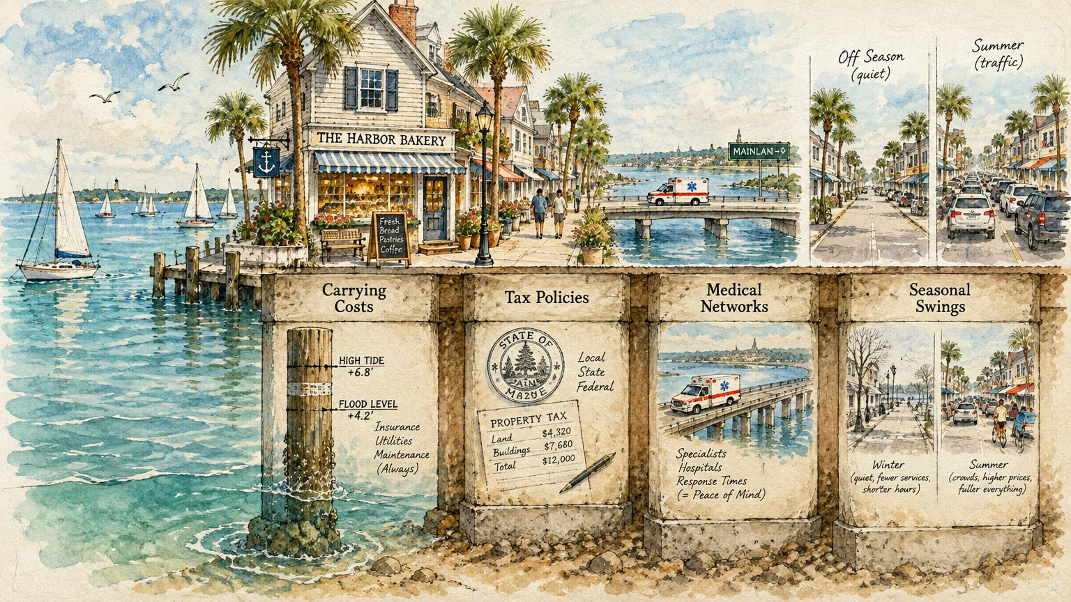 Watercolor illustration diagramming coastal town challenges like carrying costs, taxes, medical networks, and seasonal swings.