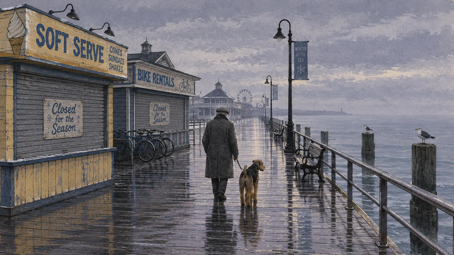 Man walking a dog down a wet, deserted boardwalk past shuttered seasonal shops on an overcast winter day.