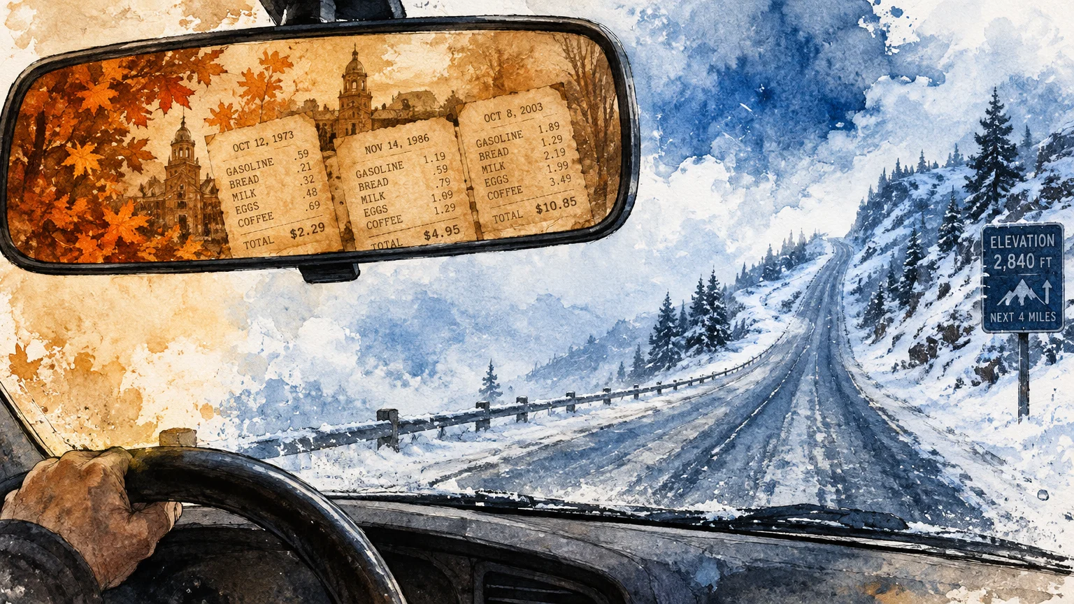 View through a car windshield of a snowy road, with vintage grocery receipts reflected in the rearview mirror.