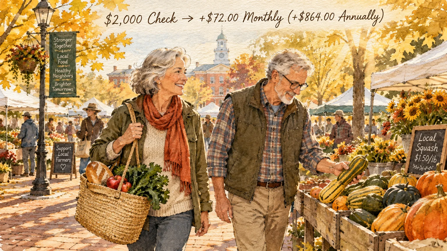 Older couple browsing squashes and pumpkins at a sunny autumn outdoor farmers market in a town square.