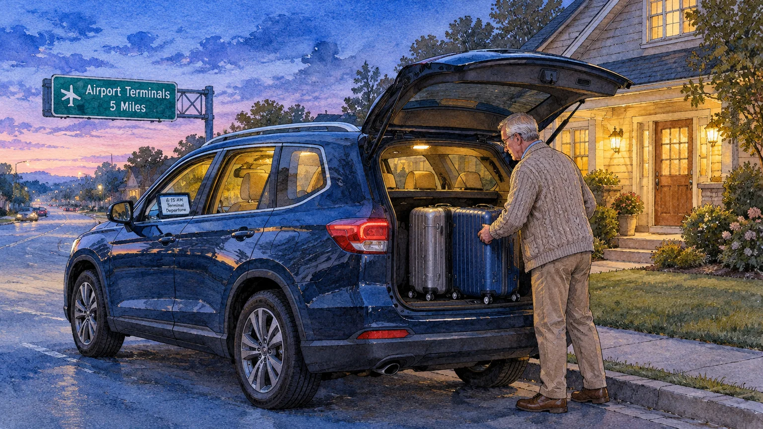 Watercolor illustration of a senior man loading luggage into the trunk of a blue SUV parked in front of a house at dawn.