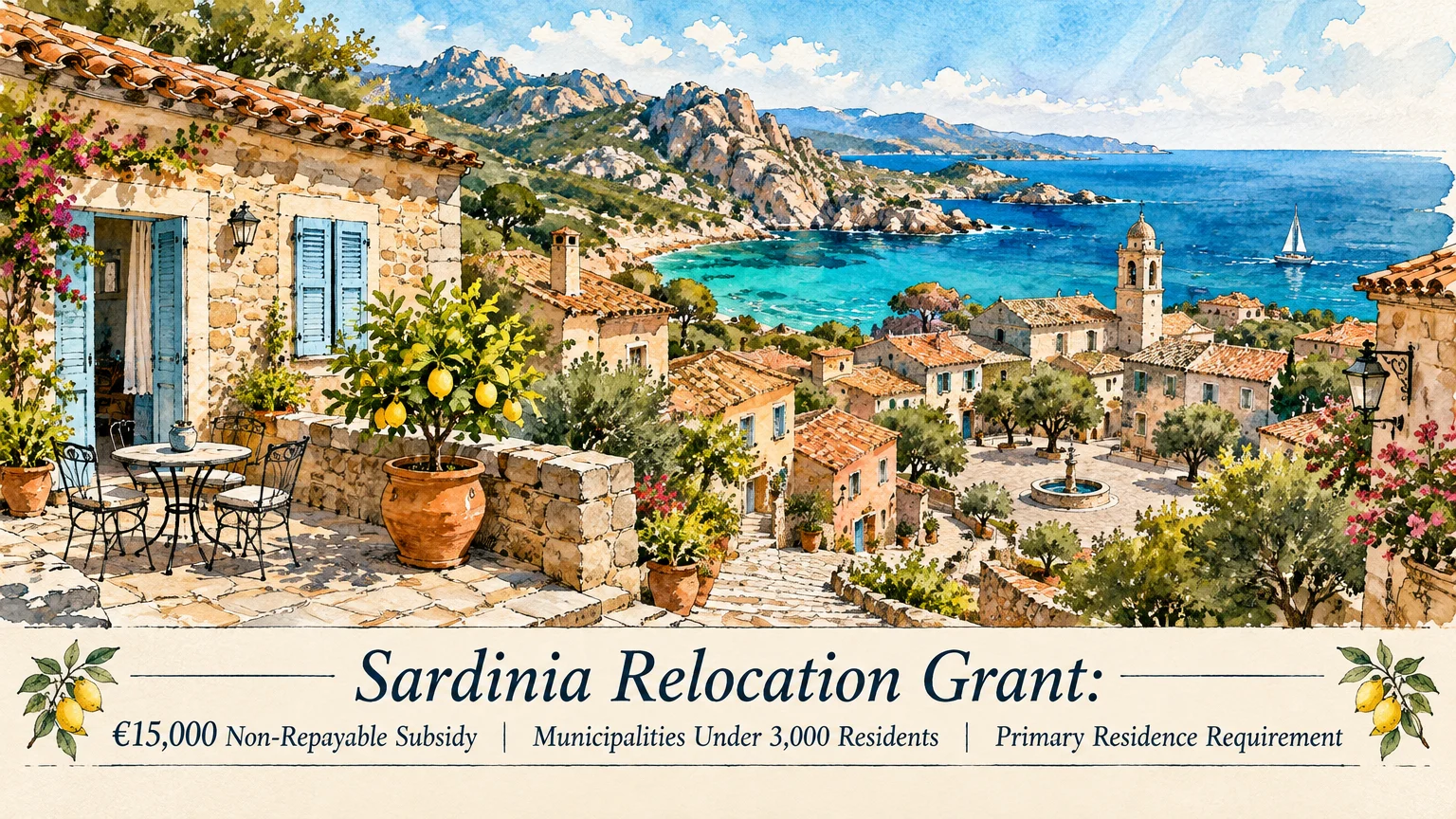 Watercolor illustration of a stone terrace overlooking a coastal Italian village, Mediterranean sea, and rocky hills.