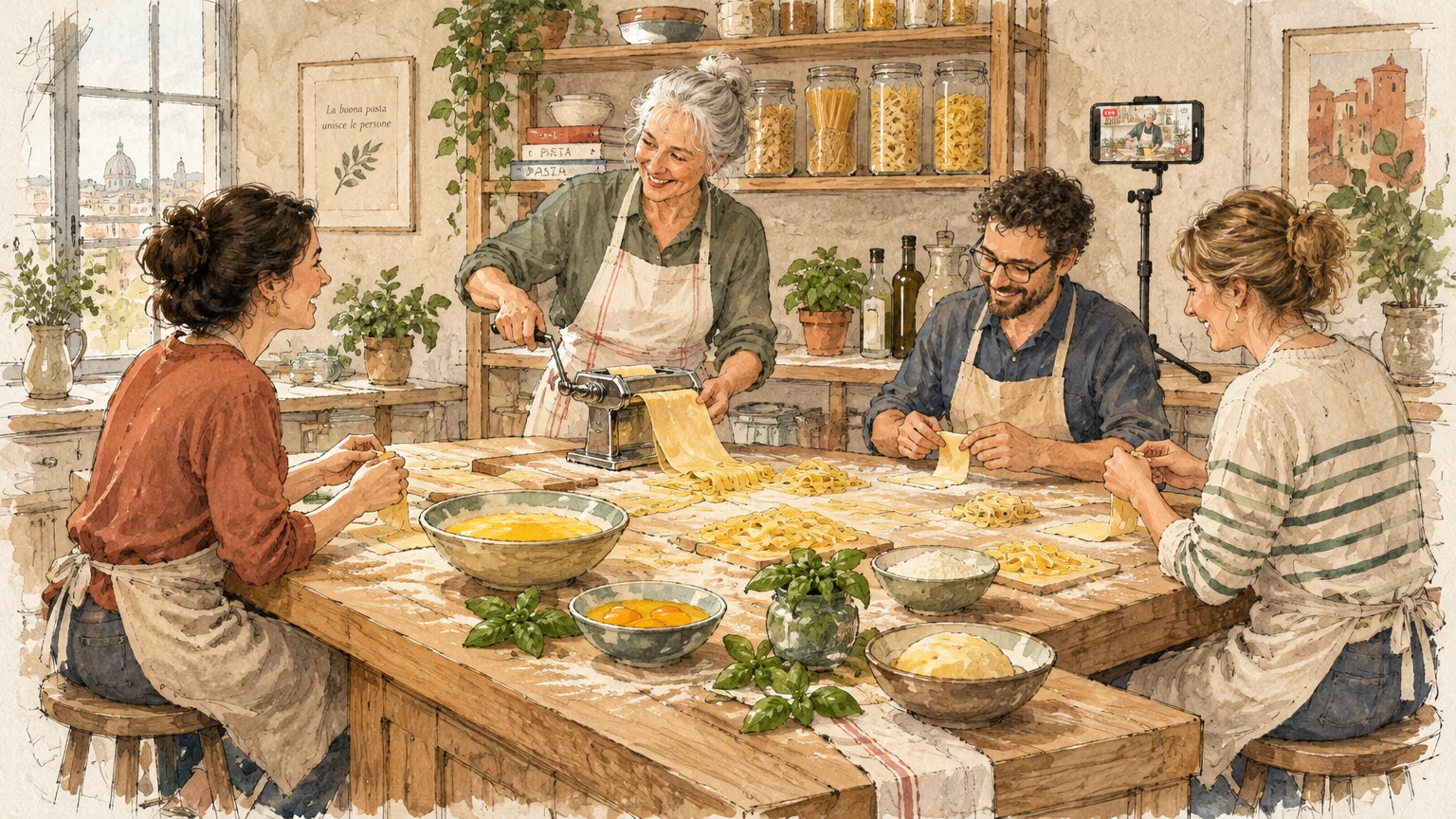 Watercolor illustration of an older woman teaching three students to make pasta at a table with a phone streaming live.