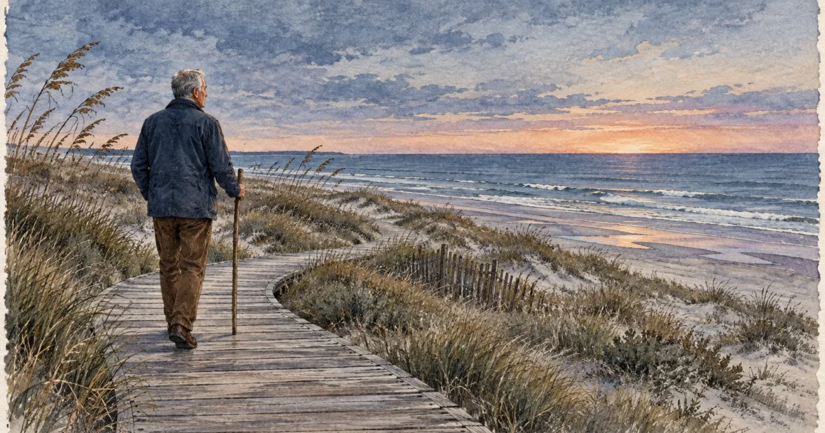 Watercolor illustration of a man with a walking stick strolling along a wooden boardwalk through dunes toward the ocean.